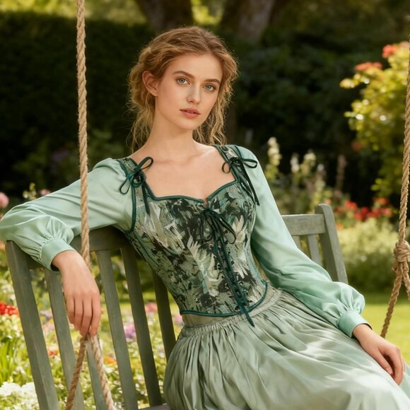 Women's Green Daisy Floral Renaissance Corsets Cottage Core Vest Corset Tops - Picture 6 of 7